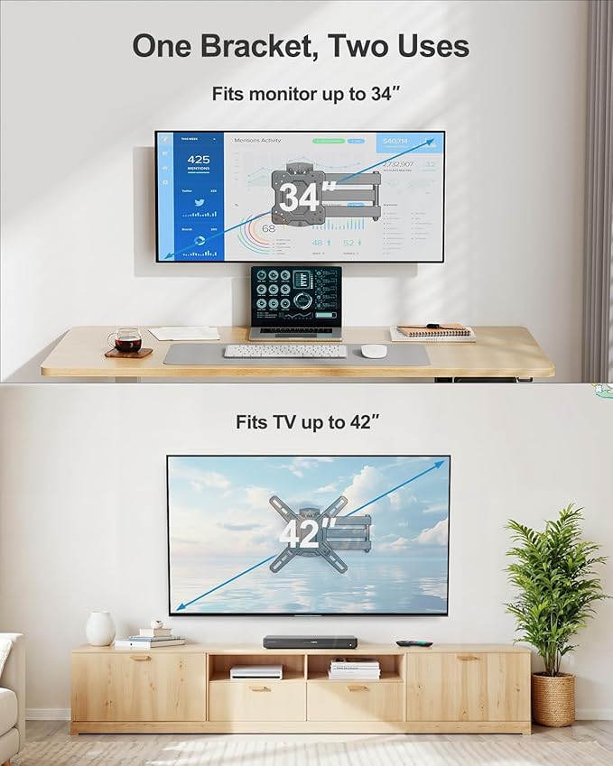 HUANUO Single Monitor Wall Mount for 17 to 34 Inch Computer Screens, Holds up to 44 lbs, Full Motion Wall Mount Monitor with Articulating Arms, Swivel, Rotation, Tilt, Max VESA 200x200, Black