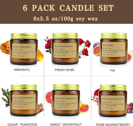 6 Pack Candles for Home Scented, Aromatherapy Candles Gifts for Women, Natural Soy Wax Long Lasting Amber Jar Candles Set for Men, Gifts for Birthday, Valentine's, Mother's, Anniversary, Christmas