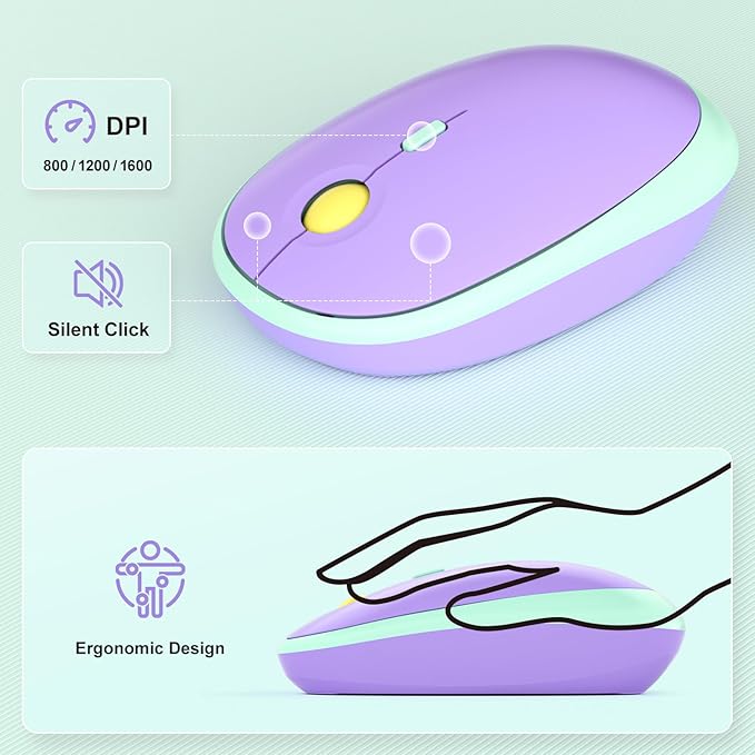 Wireless Keyboard and Mouse Combo, MOWUX Full Size Typewriter Retro Round Computer Keyboard, Cute Optical Mouse Wireless, Plug and Play, for Laptop, PC, Computer- Daydream Mint