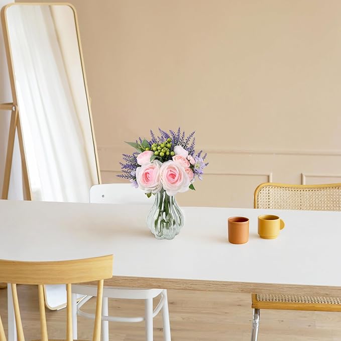 Faux Flowers in Vase for Table Decor, Fake Roses Lavender Plant Artificial Flowers in Vase, Silk Flower Bouquet Floral Arrangements for Home Decor Indoor Office Kitchen Coffee Table Centerpiece, Pink