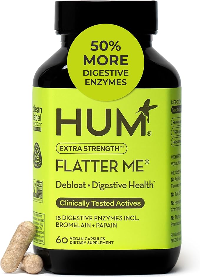 HUM Flatter Me Extra Strength Digestive Enzymes for Women, Men, Digestive Gut Bloating Supplement, Ginger, Peppermint Leaf, Fast Acting Anti Bloat Pills Multi Enzyme for Debloating, 60 Capsules