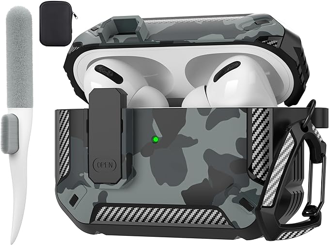 Maxjoy AirPods Pro 2nd/1st Generation Case Cover with Lock, AirPods Pro 2 Protective Case with Keychain Compatible with Apple AirPod Pro2 2023 USB C Cable 2022 Lightning Cable/ Pro1 2019, Gray Camo