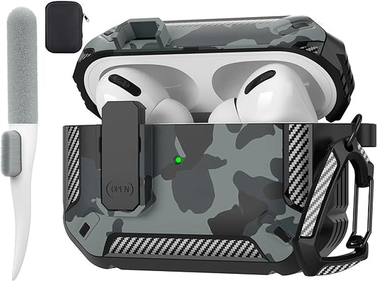 Maxjoy AirPods Pro 2nd/1st Generation Case Cover with Lock, AirPods Pro 2 Protective Case with Keychain Compatible with Apple AirPod Pro2 2023 USB C Cable 2022 Lightning Cable/ Pro1 2019, Gray Camo