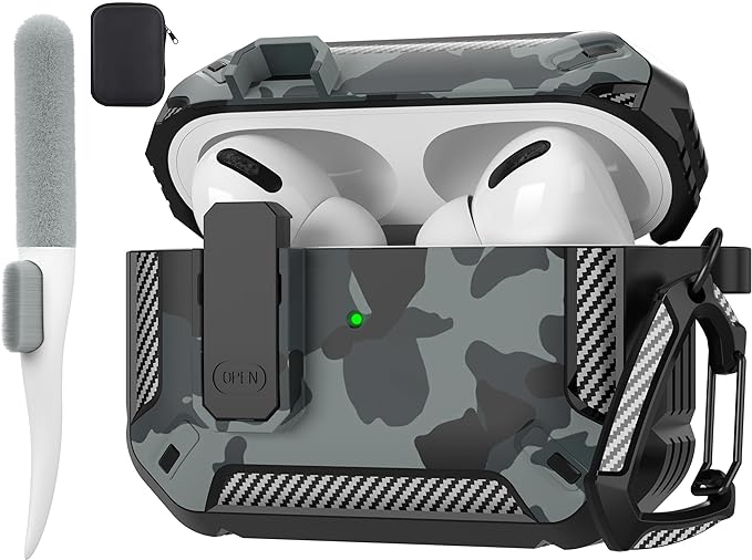 Maxjoy for AirPods Pro Case Cover with Lock, AirPods Pro 1st Generation Case for Men Military Rugged Protective Cover with Keychain Compatible with Apple AirPod Pros 2019 Front LED Visible, Gray Camo