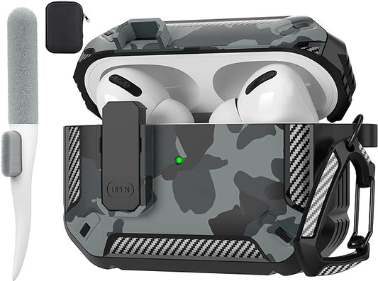 Maxjoy for AirPods Pro Case Cover with Lock, AirPods Pro 1st Generation Case for Men Military Rugged Protective Cover with Keychain Compatible with Apple AirPod Pros 2019 Front LED Visible, Gray Camo
