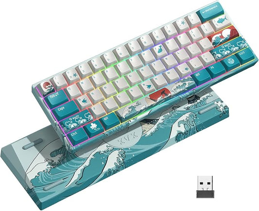 HITIME 60 Percent Keyboard, XVX M61 Pro 3-Modes Wireless Mechanical Keyboard, Hot-Swappable Custom Gaming Key Board, RGB Backlit, for Windows Mac PC Gamers(Coral Sea Theme, Pre-lubed Linear Switch)