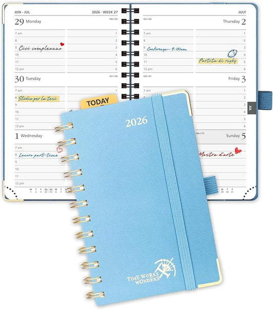 POPRUN 2026 Planner (Pocket Size 4''x 6.25'' Wire-Bond Hard Cover) Calendar Weekly and Monthly (Jan.2026-Dec.2026) Small Planner with Hourly Time Slots, for Purse, 100 GSM - Haze Blue