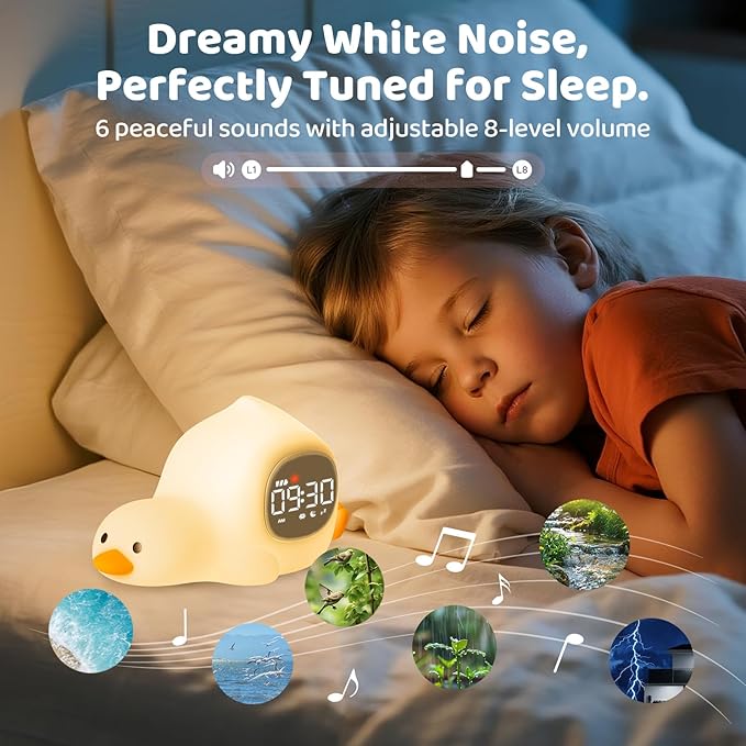 Laying Duck Alarm Clock with Night Light for Kids with Sleep Training and Sound Machine, Rechargeable Silicone Lamp OK to Wake Clock，Cute Animal Tabletop Lamp, Perfect Sleep Companion for Boys Girls