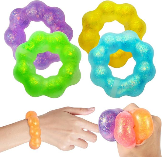 4-Pack Squishy Toys, Wearable Bracelet Stress Balls Fidget Toys, Soft Donut Stress Relief Sensory Toy for Kids Adults, Squeeze Balls Stress Toys for Party Favors Goodie Bags Stuffers