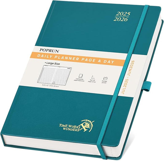 POPRUN 2025-2026 Daily Planner One Page Per Day (Large - 8.25'' x 12'') - Academic Calendar (July 2025 - June 2026), 2025 Day Appointment Book with Monthly Tabs, Hardcover - Pacific Green
