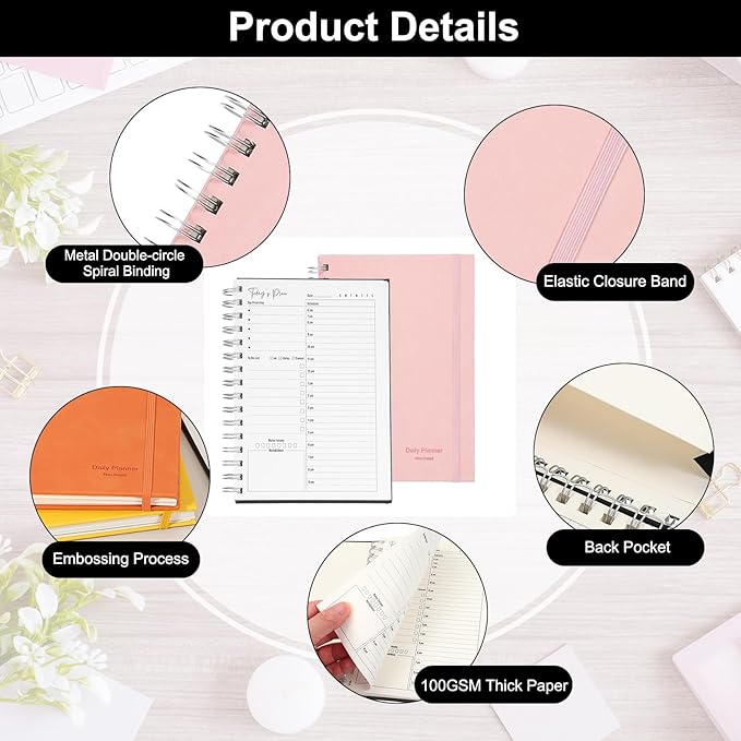 PATIKIL Undated Daily Planner with Hourly Schedule, A5 5.5"x 8.5" To-Do List Hard Cover Spiral Notebook Appointments Planner with Inner Pocket to Organize Daily Tasks Agendas, Pink