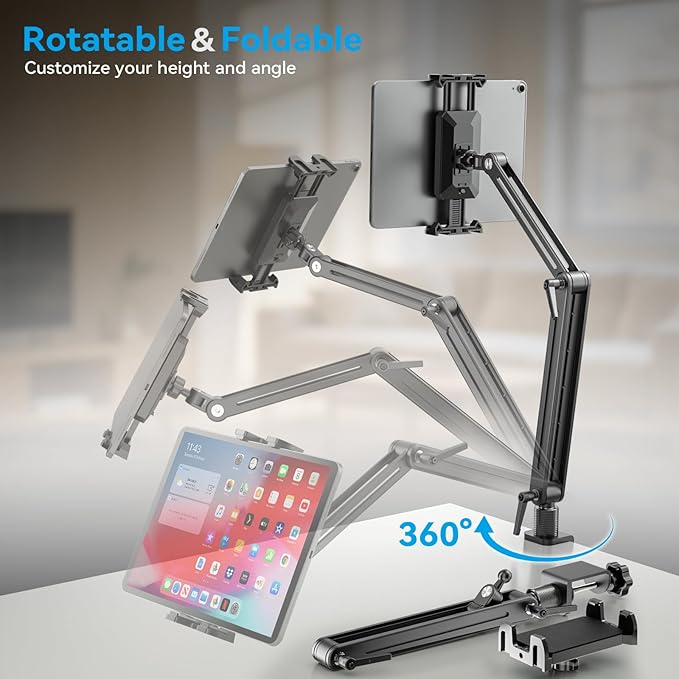 Adjustable Portable Monitor Stand 15.6" - 360° Rotating Base Tall Tablet Desk Arm Holder Stand for iPad Air/Pro/Mini Swivel Flexible Bed Clamp Mount Soporte para Tablet/Monitor Portatil/Ereader