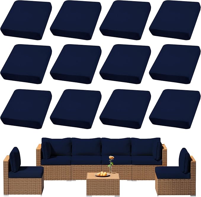 12Pcs Outdoor Cushions Covers Waterproof, Patio Cushion Covers, Stretch Cushion Covers Replacement,Cushion Slipcovers, Furniture Cushion Covers (Navy Blue 1, 12PCS)