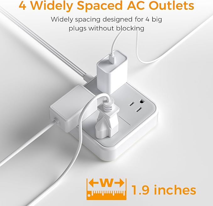 10 FT Surge Protector Power Strip, TESSAN Extension Cord Flat Plug with 4 Widely Outlets Extender, Indoor Desk Charging Station with Surge Protection for Home, Office Supplies, Dorm Room Essentials