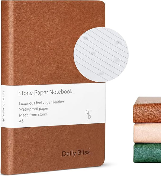 Daily Bliss Stone Paper Ruled Notebook Premium A5 Hardcover Vegan Leather Journal | 160 Pages | Premium Quality Executive Notebook For Men and Women |Comes With Gift Box Water Proof Notebook Cinnamon