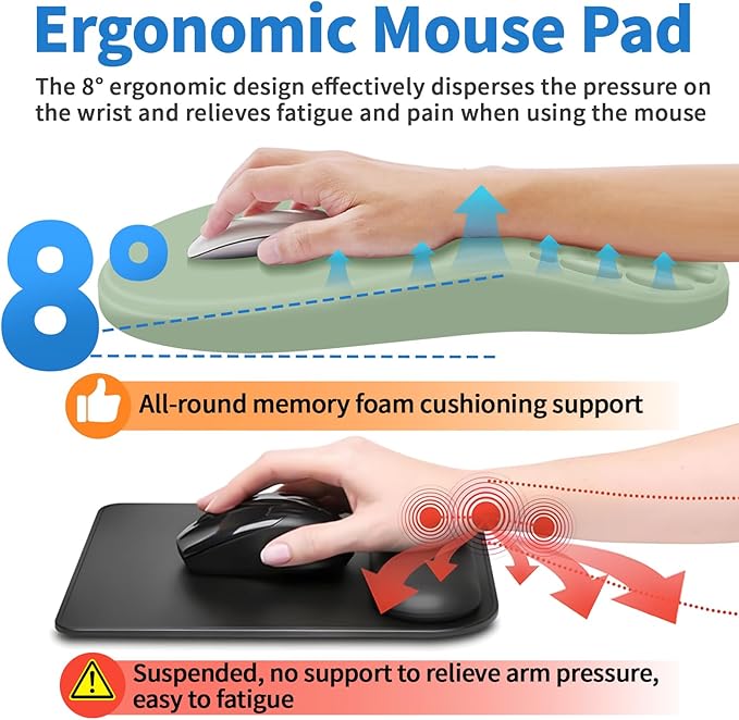 Ergonomic Mouse Pad with Wrist Rest Support, Mousepad with Comfortable Memory Foam Wrist Rest and Non-Slip PU Base for Pain Relief, Computer, Laptop, Office, Home (Green)