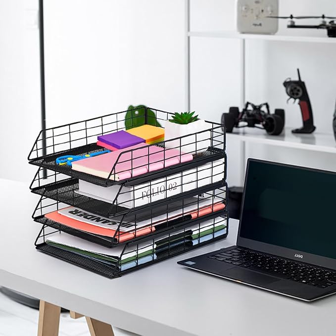 Tunnkit 4 Pack Stackable Letter Tray Paper Organizer, Metal Desk Organizer Tray for Letter/A4 Paper Storage, Suitable for Office, School, Home, Black
