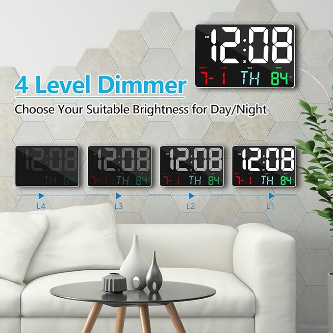 Amgico Digital Alarm Clock with Snooze, Temperature, Auto Dimming, 11.5" Large Display Calendar, Desk/Wall Clock for Bedroom, Living Room, Office, Home, Classroom, Kids, Elderly - Colorful