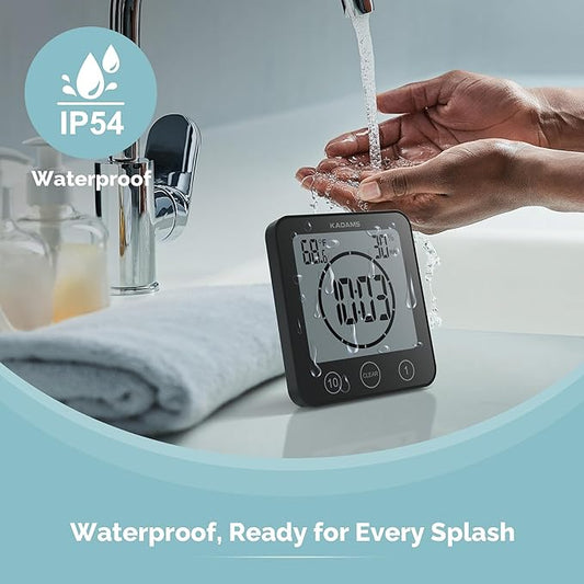 KADAMS Shower Clock Waterproof Bathroom Timer – Digital Wall Clock with Countdown, Magnetic Kitchen Clock with Temperature & Humidity, Suction Cup for Kids Shower Spa Sauna Cook Bath (Black)