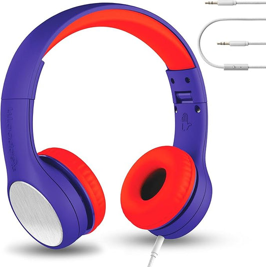 LilGadgets Connect+ Style On-Ear Kids Headphones with Microphone - SharePort Technology, SoftTouch Padding, Detachable Cable, Noise Reduction, Durable & Adjustable - Blue/Red Headphones for Kids