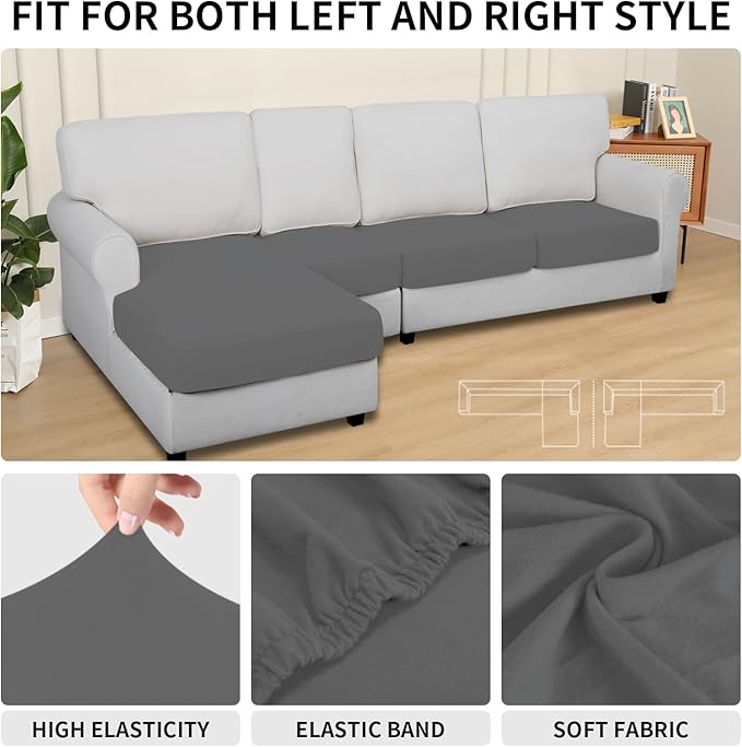 Easy-Going 100% Waterproof 4 Pieces Couch Cushion Covers for Sectional Sofa Left/Right L Shape Chaise Lounge Sofa Seat slipcover Anti-Slip Sofa Cover (3 Seater + 1 Chaise, Gray