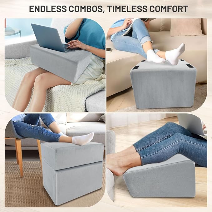 Ergonomic Under Desk Foot Rest & Stool for Work - 3D Adjustable Stackable Footrest w/Detachable Base, High-Density Support & Washable Cover for Office/Gaming/Travel (17×11×17in, Gray)