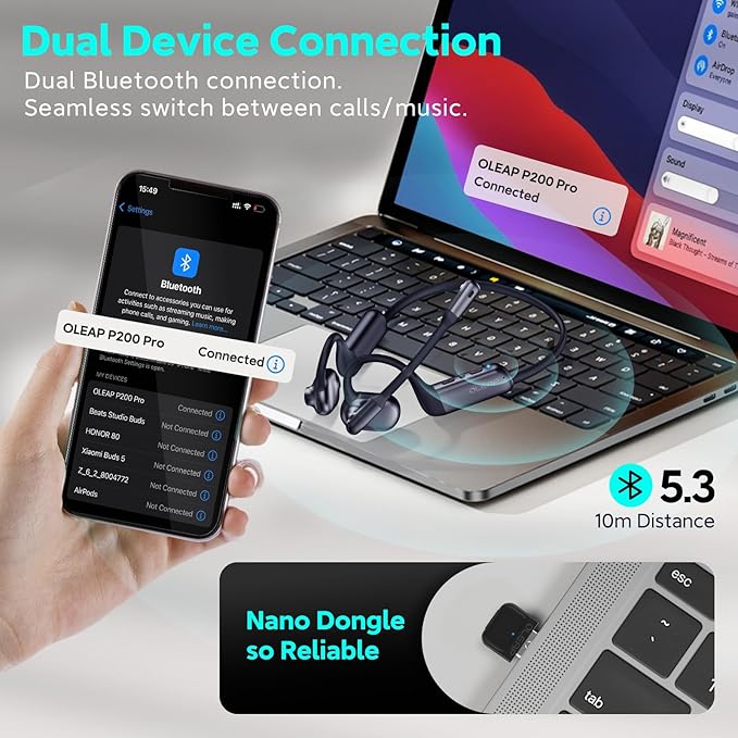 Pilot P200b Pro Bluetooth Wireless Open Ear Headphones, 50dB ENC Call Noise Canceling Computer Headset with Boom Microphone, Mute Button, Dongle for Work and Calls