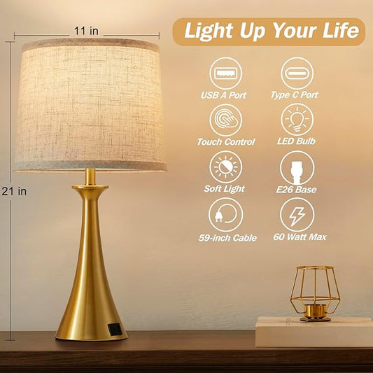 Touch Table Lamp for Living Room Bedroom, 21" Table Lamps Set of 2 with USB C+A Ports, Touch Bedside Lamps for Nightstand with 3 Way Dimmable, 2 LED Bulbs Included, Gold