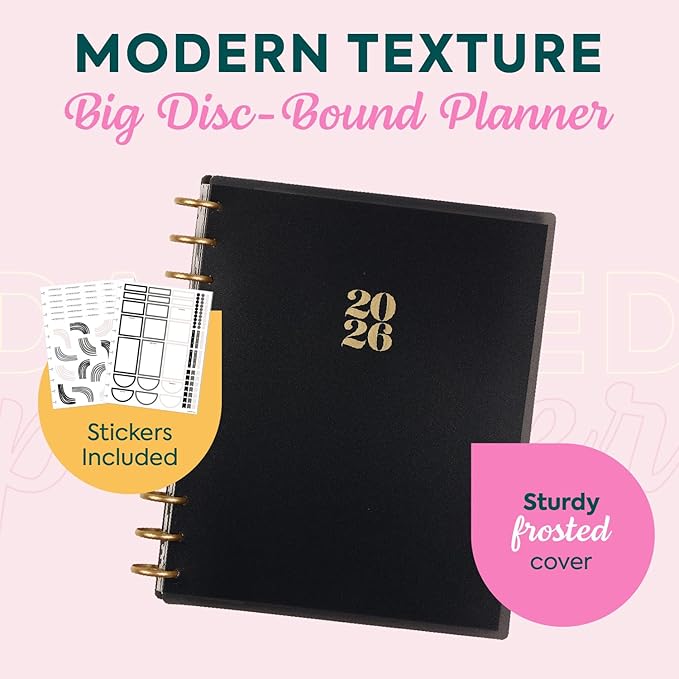 Happy Planner Disc-Bound Planner Jan.–Dec. 2026, Includes 3 Extra Months and 2 Sticker Sheets, Big Size, 8.5" x 11", Horizontal Layout, Modern Texture