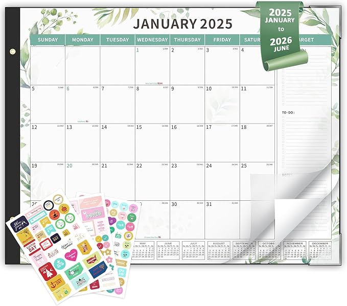 Ospelelf Desk Calendar 2025-2026 Large 22"x17" Monthly Planner Pad with Plastic Cover 18 Months Green Leaves