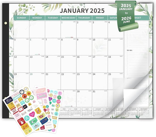 Ospelelf Desk Calendar 2025-2026 Large 22"x17" Monthly Planner Pad with Plastic Cover 18 Months Green Leaves