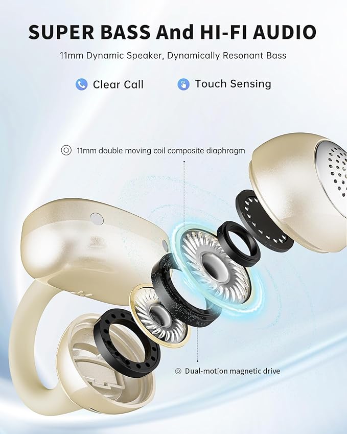 Open Ear Earbuds, Clip-On Earbuds Wireless Bluetooth, Ear Clip Bluetooth Headphones, Lightweight Comfort, Ergonomic Secure Fit for Small Ears, Ultra Open Audio, Waterproof, 40H Playtime