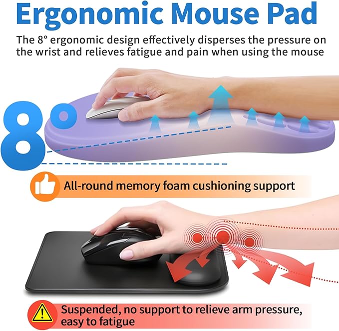 Ergonomic Mouse Pad with Wrist Rest Support, Mousepad with Comfortable Memory Foam Wrist Rest and Non-Slip PU Base for Pain Relief, Computer, Laptop, Office, Home (Gradient Purple)