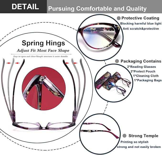 EYEURL Cat Eye Reading Glasses for Womens Set of 2 Blue Light Blocking Computer Readers +1.5 Ladies Eyeglass Quality Frame Lightweight and Comfortable