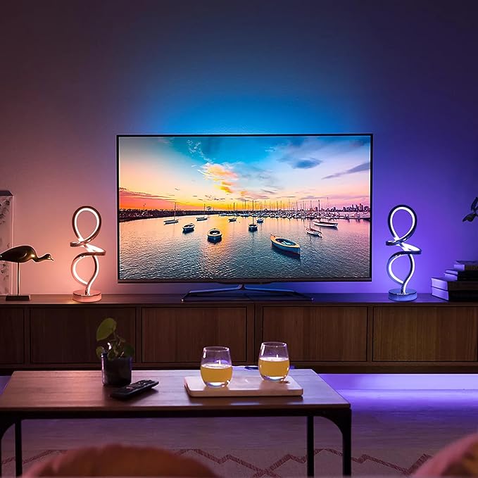 Mayful Modern RGB Table Lamp with LED Spiral Design, Silver Bedside Lamp & Nightstand Lamp, Touch Dimmable with 7 Colors & 10 Modes for Bedroom, Living Room, Home Office, 15W