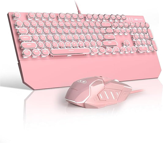 Retro Pink Typewriter-Style Keyboard and Mouse Combo, Cute Light Up Wired Mechanical Keyboard with Linear Red Switches, Full Size for Gaming, Work, Mac, PC, Windows