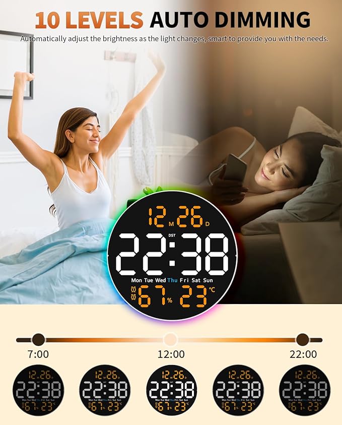 10 Inch Large Digital Wall Clock with 9 Color Changing Remote Control, Date Week Temperature, Auto Brightness Dimmer Big Clock Night Lights,Orange