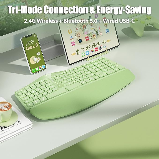 Bow Split Ergonomic Keyboard Wireless with Cushioned Wrist & Palm Rest, Wireless 2.4G/Bluetooth/Wired USB-C, Comfortable Natural Typing, Compatible with Windows/Mac/PC/Laptop, Matcha Green