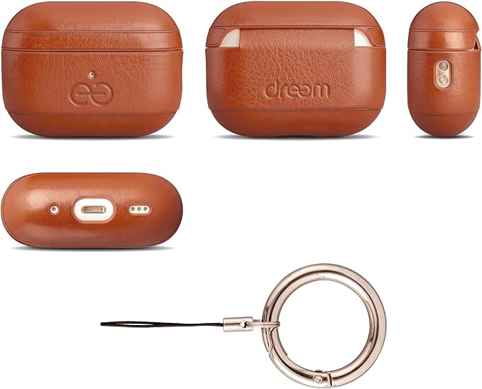 Dreem Om Case Cover with Keychain Clip Compatible with AirPods Pro 2/Pro, Protective One-Piece Hard Shell, Luxury Vegan Leather AirPod Pro Case 2nd/1st Generation with Separate Clip [Caramel]