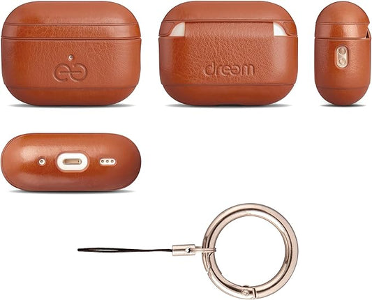 Dreem Om Case Cover with Keychain Clip Compatible with AirPods Pro 2/Pro, Protective One-Piece Hard Shell, Luxury Vegan Leather AirPod Pro Case 2nd/1st Generation with Separate Clip [Caramel]