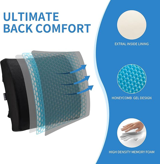 Lumbar Support Pillow - Gel Memory Foam Back Cushion for Lower Back Pain Relief & Improve Sitting Posture, Lumbar Support Cushion with Adjustable Strap & Non-Slip for Office Chair, Sofa, Car
