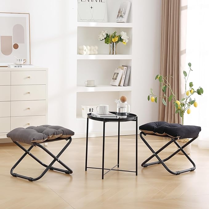 LITA Folding Upholstered Footrest Stool with Straight & Square Shape, Black