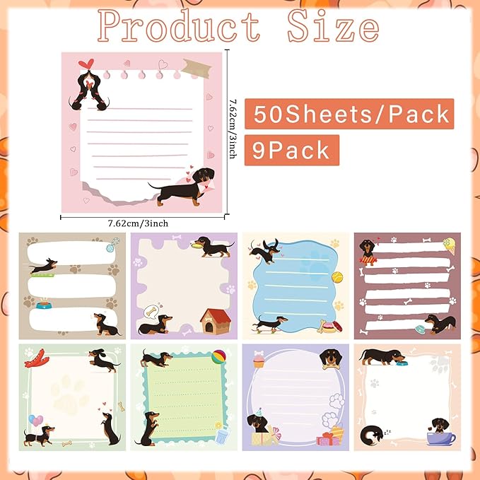 Dachshund Sticky Notes Gifts - 9Pack Cute Sticky Notes 3x3 Weiner Dog Gifts for Women Cartoon Dachshund Notepads Dog Self-Stick Notes Pads Office School Supplies Dachshund Gifts 450 Sheets
