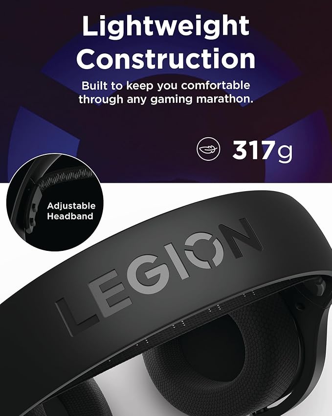 Lenovo Legion H410 Wireless Gaming Headset, Bluetooth or 2.4 GHz USB-A Connection, Lightweight (304 Grams), Adjustable Headband, Flip to Mute Mic, Black