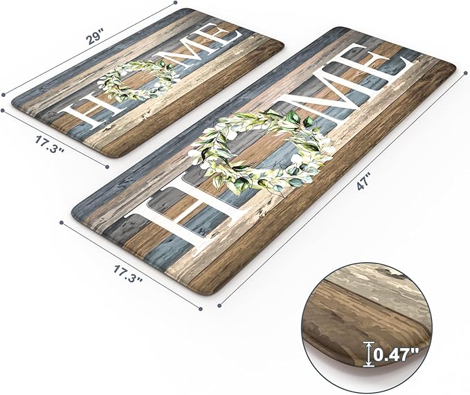 KIMODE Farmhouse Kitchen Mats for Floor 2 Piece,Cushioned Anti Fatigue Rugs Non Slip,Memory Foam Waterproof Carpet for Sink Laundry Office Bathroom,Blue 17"x47"+17"x29"