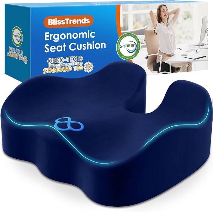 BlissTrends Seat Cushion,Thick Memory Foam Cushions for Office Chair, Car Seat, Airplane, Relieving Pressure Tailbone Sciatica Back Pain for Long Sitting Office Workers, Car Drivers 4.7in Thick Blue