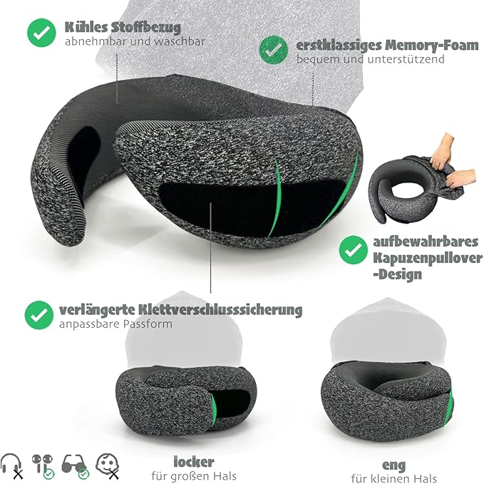 Ergonomic Travel Neck Pillow with Stowable Hood,Neck Pillow Airplane,Premium Memory Foam,360º Contoured Design,Washable Cover,Complete Travel Set,Ideal for Airplane,Car and Office (Black)