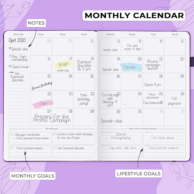GoGirl Planner PRO Schedule - Undated Planner with Hourly Time Slots, Monthly, Weekly & Daily Organizer, Appointment Book for time Management, 7"x10" Hardcover, Lasts 1 Year - Purple