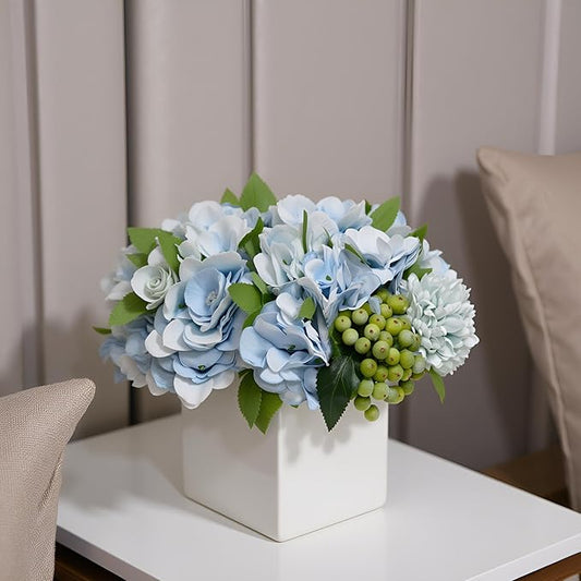 LADADA Fake Flowers in Ceramic Vase,Faux Hydrangea Flower Arrangements for Home Decor Artificial Flowers with Vase