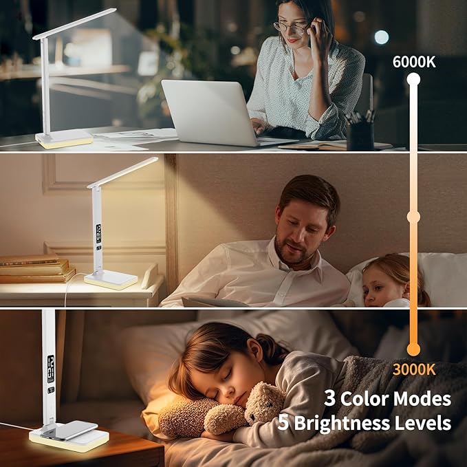 LED Desk Lamp with Wireless Charger, USB Charging Port, Reading Lamp Desk Light with 5 Brightness, 3 Colors, Table Lamp with Clock, Alarm, Date, Temperature, Desk Lamp for Home Office Study (White)